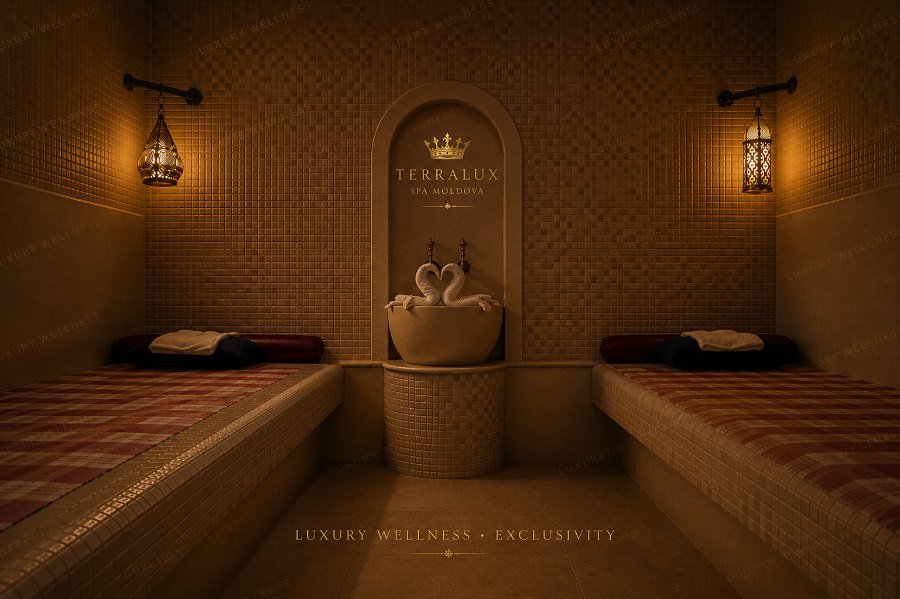 Private Turkish hammam room with heated marble benches at TerraLux SPA in Chișinău