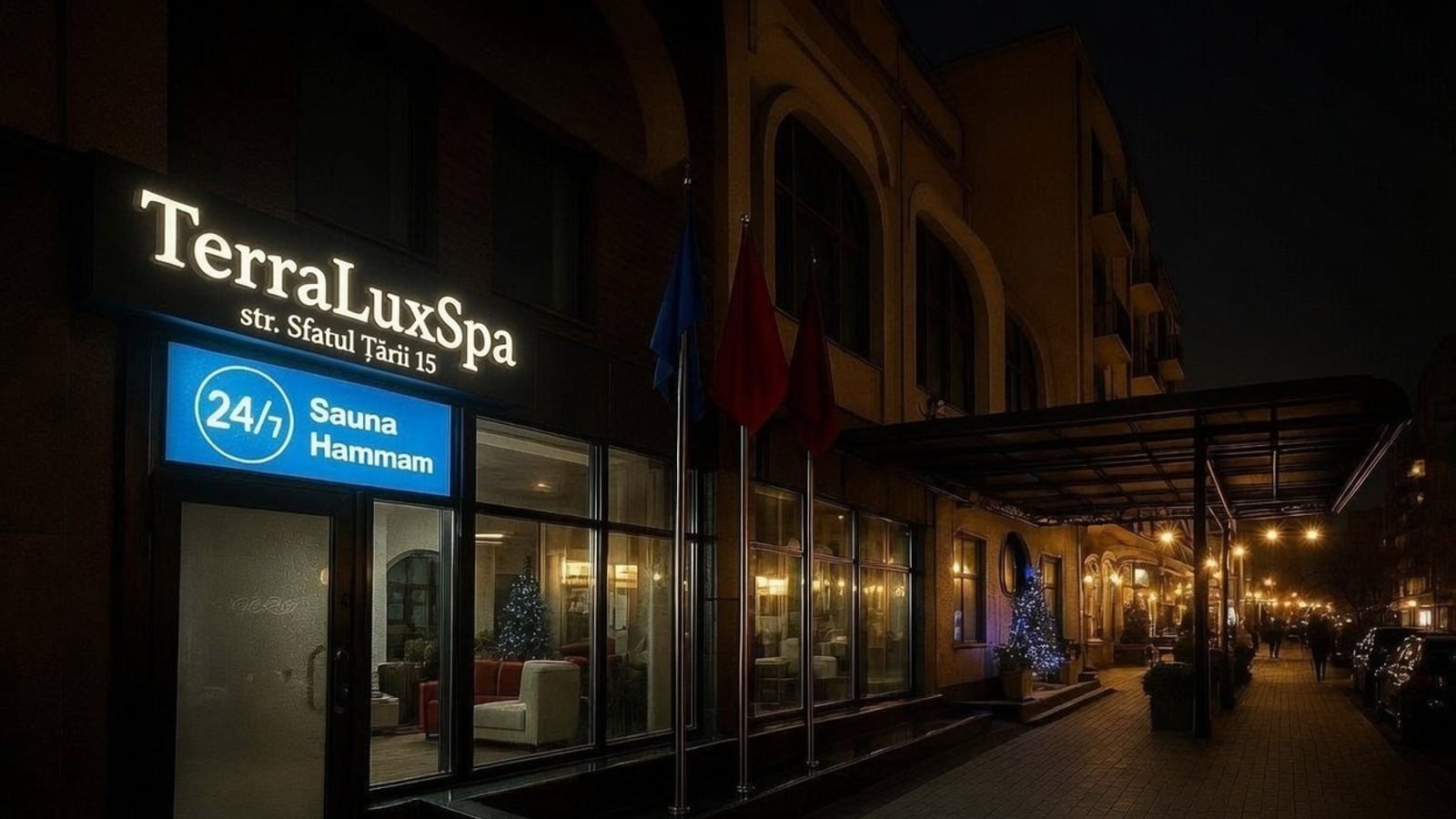 TerraLux SPA at night on Str. Sfatul Țării 15 in the Historic Centre of Chișinău